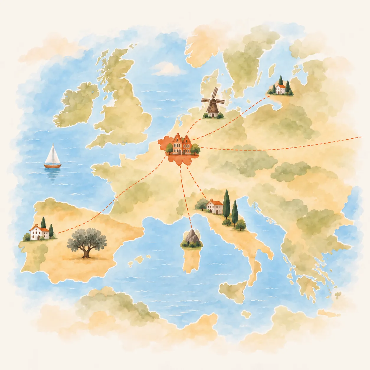 Carte aquarelle de l’Europe : les routes de nos producteurs jusqu’en Belgique et au Luxembourg