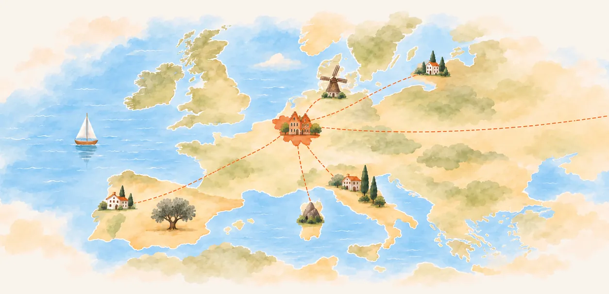 Carte de l’Europe à l’aquarelle : les trajets des producteurs jusqu’à la grande distribution en Belgique et au Luxembourg